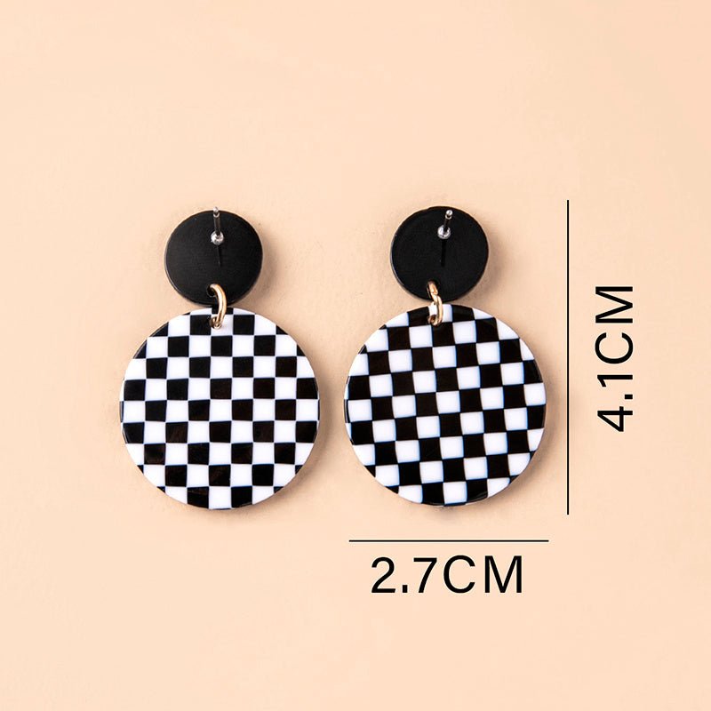 Black White Chequered Print Round Acrylic Pendant Drop Earrings For Women-Jewearrings