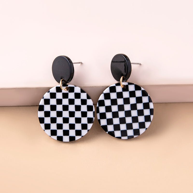 Black White Chequered Print Round Acrylic Pendant Drop Earrings For Women-Jewearrings