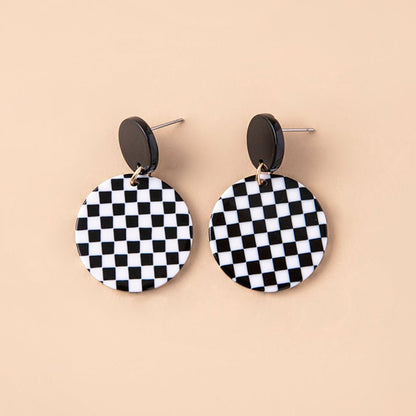 Black White Chequered Print Round Acrylic Pendant Drop Earrings For Women-Jewearrings