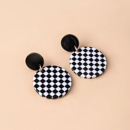 Black White Chequered Print Round Acrylic Pendant Drop Earrings For Women-Jewearrings