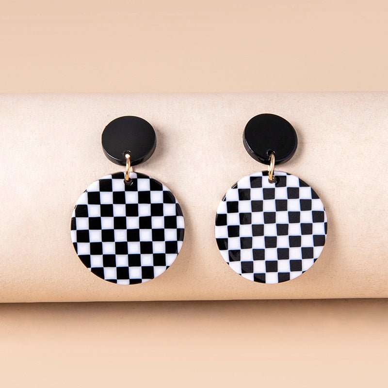 Black White Chequered Print Round Acrylic Pendant Drop Earrings For Women-Jewearrings