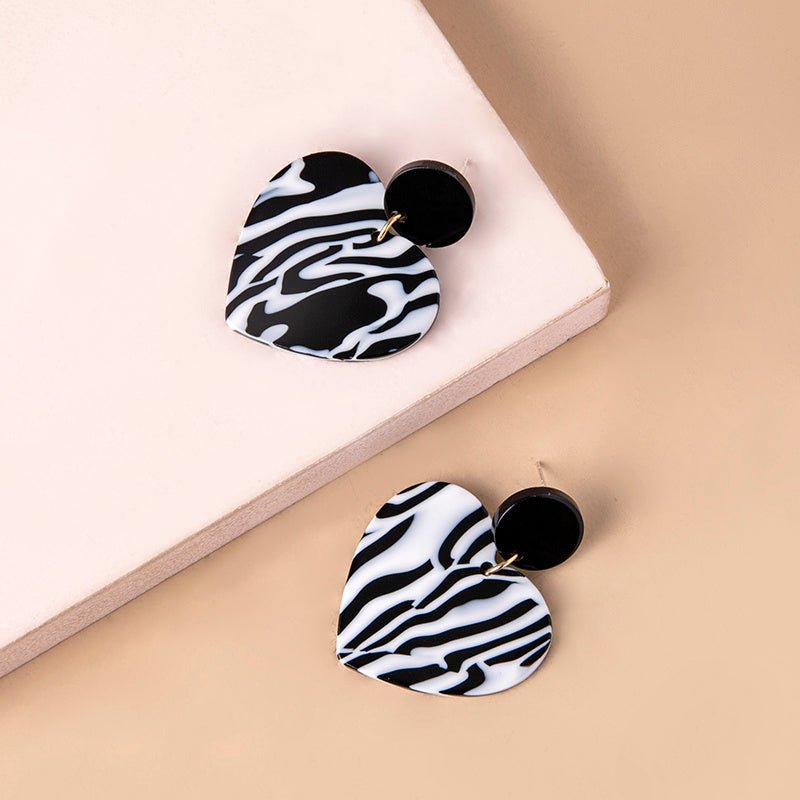 Black White Zebra Print Heart Acrylic Earrings For Women-Jewearrings