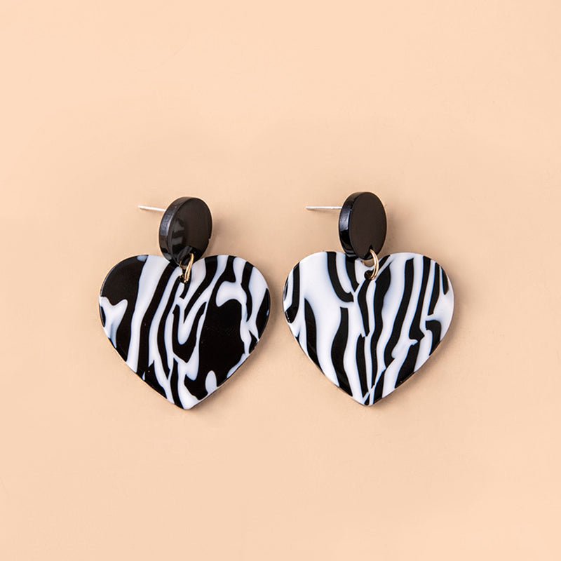 Black White Zebra Print Heart Acrylic Earrings For Women-Jewearrings