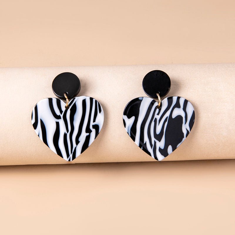 Black White Zebra Print Heart Acrylic Earrings For Women-Jewearrings