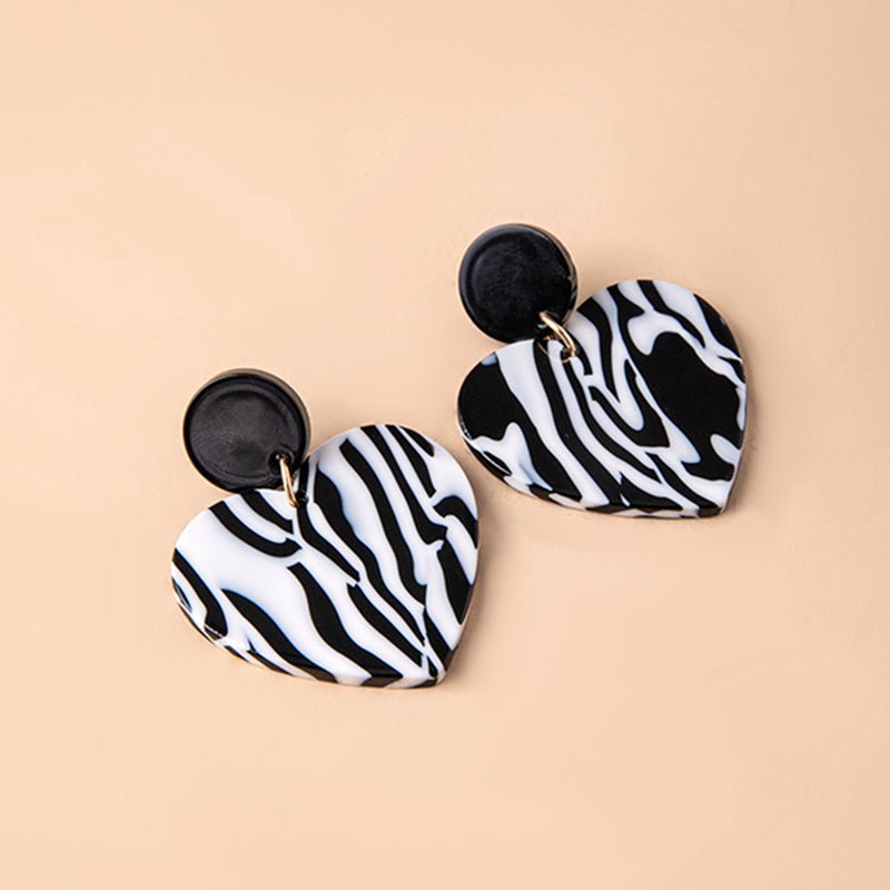 Black White Zebra Print Heart Acrylic Earrings For Women-Jewearrings