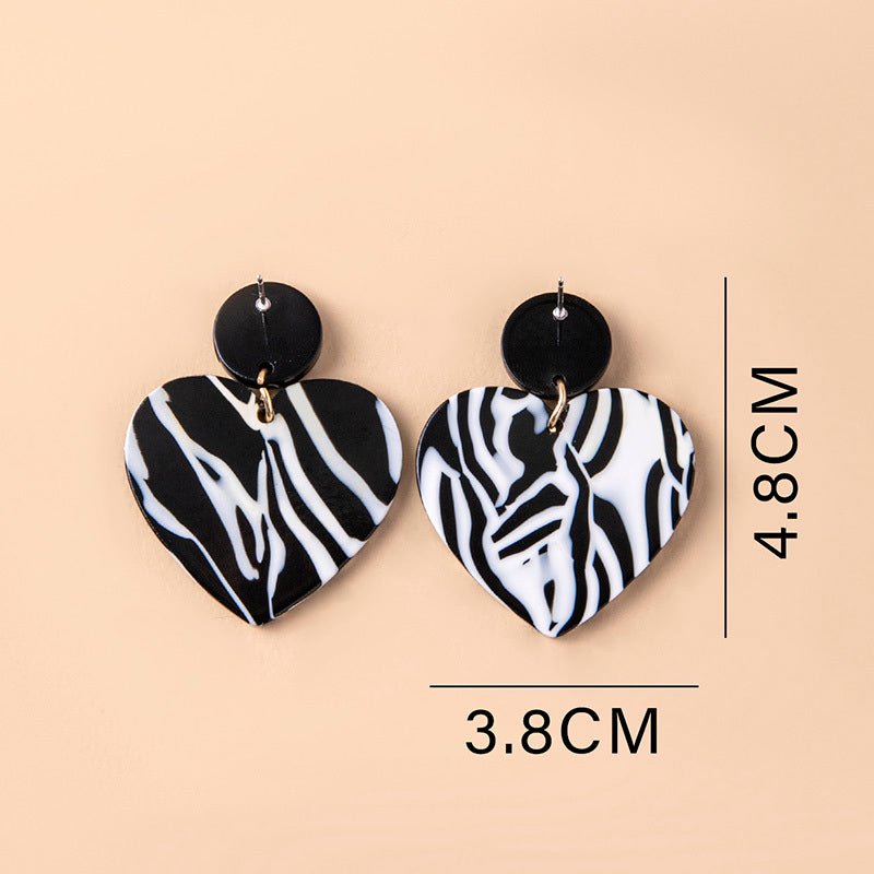 Black White Zebra Print Heart Acrylic Earrings For Women-Jewearrings