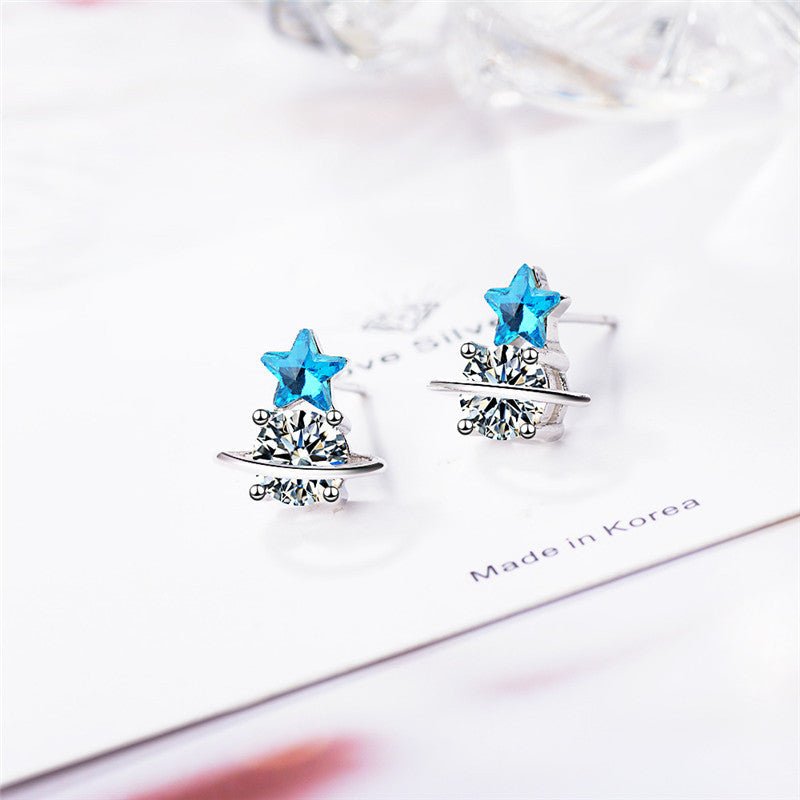 Blue Artificial Crystal Star Asymmetric Earrings-Jewearrings