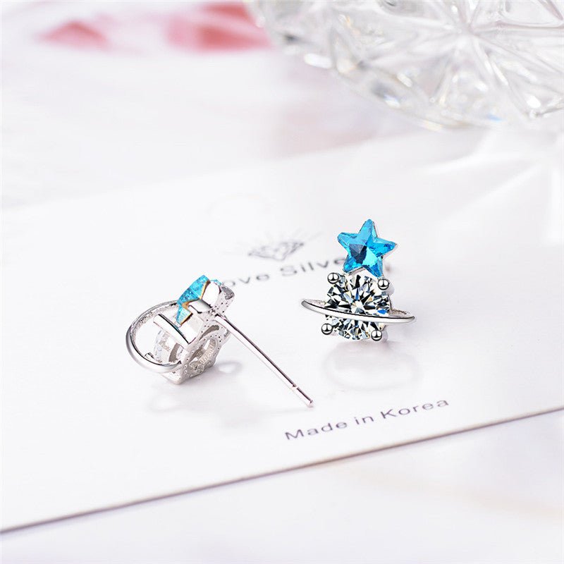 Blue Artificial Crystal Star Asymmetric Earrings-Jewearrings