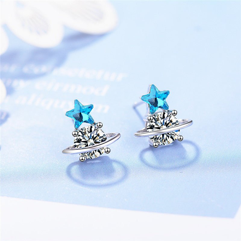 Blue Artificial Crystal Star Asymmetric Earrings-Jewearrings