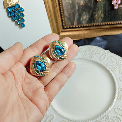 Blue Bright Crystal Oval Stud Earrings Wheat Plain Gold Necklace-Jewearrings