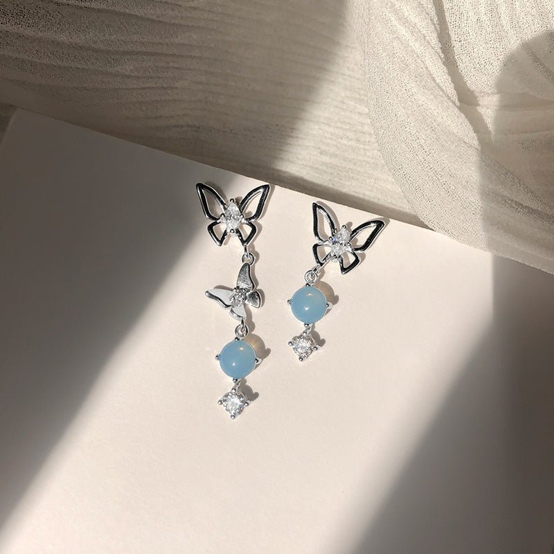 Blue Crystal Butterfly Asymmetrical Earrings, Simple Personality, Versatile Earrings-Jewearrings