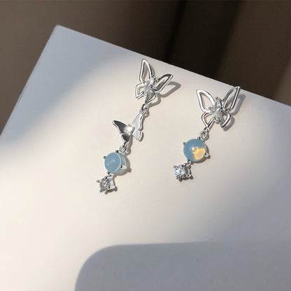 Blue Crystal Butterfly Asymmetrical Earrings, Simple Personality, Versatile Earrings-Jewearrings