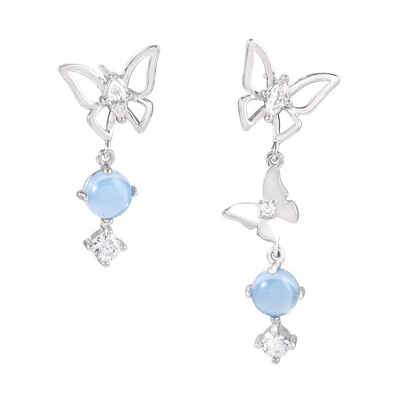 Blue Crystal Butterfly Asymmetrical Earrings, Simple Personality, Versatile Earrings-Jewearrings