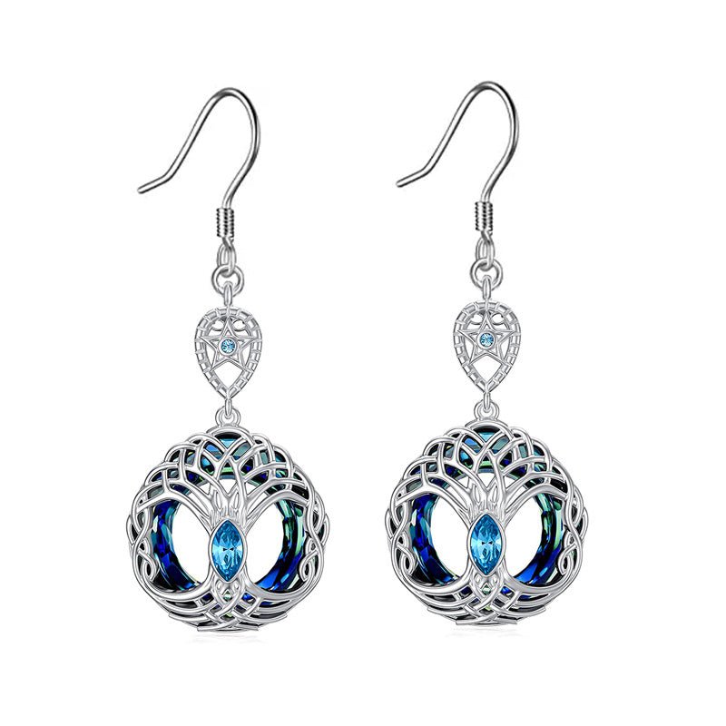 Blue Crystal Celtic Tree Of Life Dangle Earrings For Women-Jewearrings