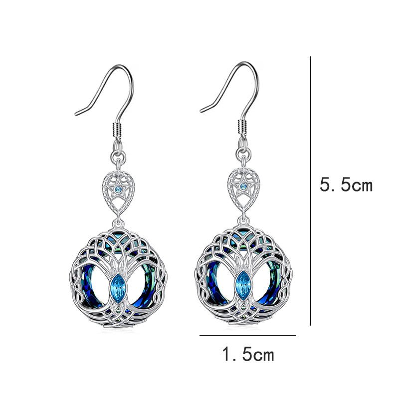 Blue Crystal Celtic Tree Of Life Dangle Earrings For Women-Jewearrings