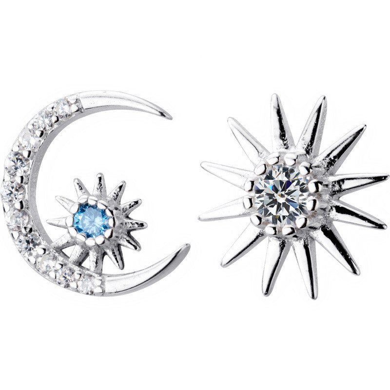 Blue Diamond Star And Moon Stud Earrings, Sweet Earrings For Girlfriends-Jewearrings