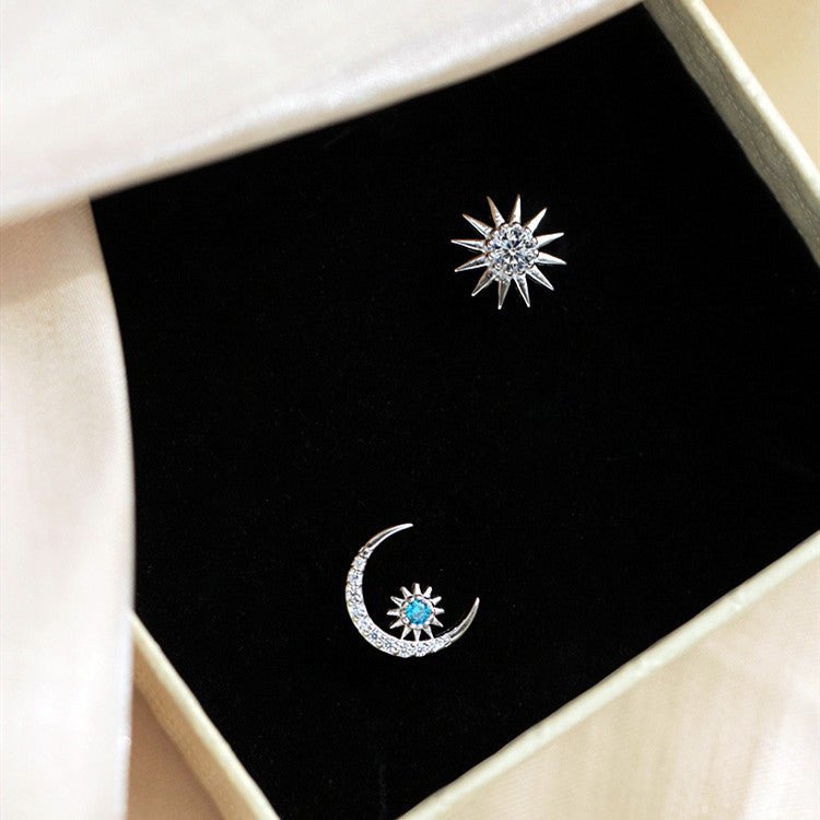 Blue Diamond Star And Moon Stud Earrings, Sweet Earrings For Girlfriends-Jewearrings