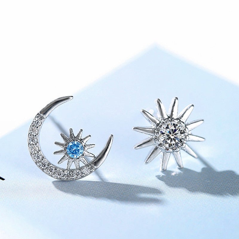 Blue Diamond Star And Moon Stud Earrings, Sweet Earrings For Girlfriends-Jewearrings