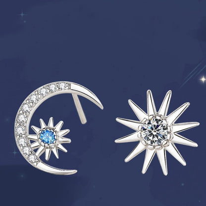 Blue Diamond Star And Moon Stud Earrings, Sweet Earrings For Girlfriends-Jewearrings