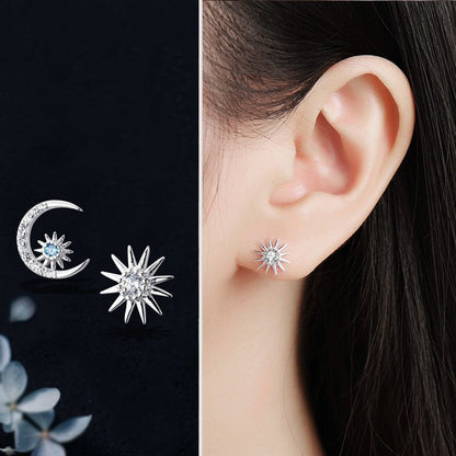 Blue Diamond Star And Moon Stud Earrings, Sweet Earrings For Girlfriends-Jewearrings