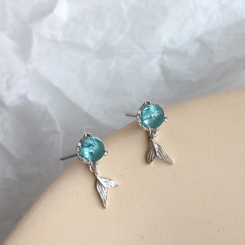 Blue Foam Fishtail 925 Sterling Silver Earrings-Jewearrings