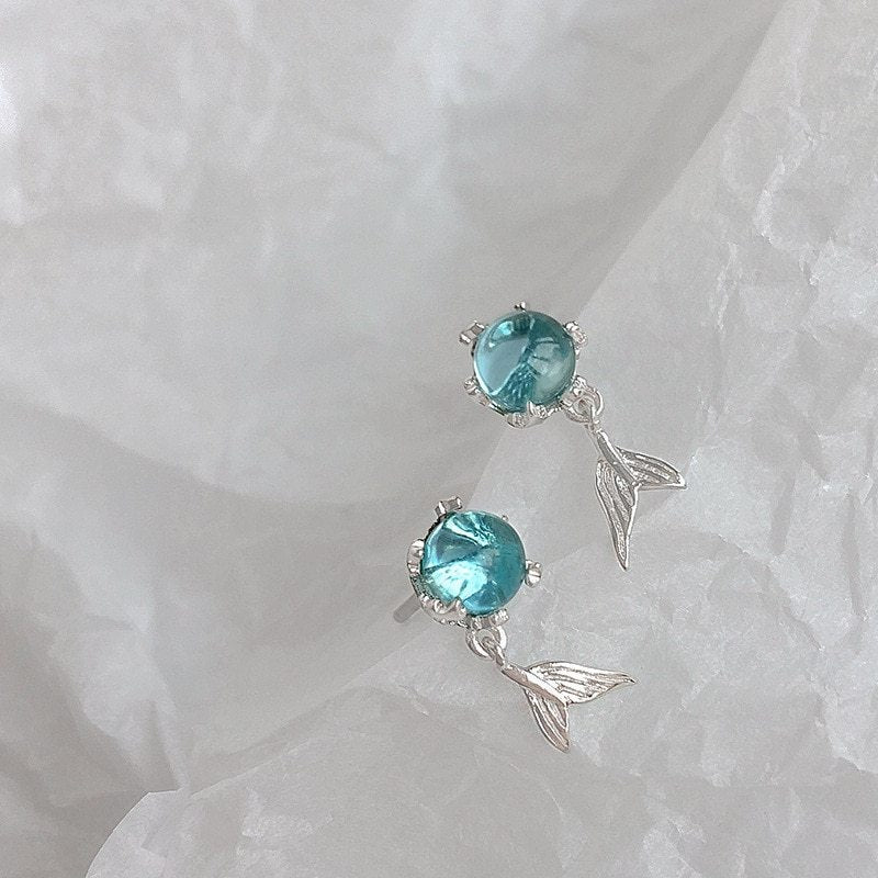 Blue Foam Fishtail 925 Sterling Silver Earrings-Jewearrings