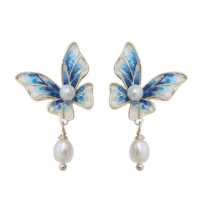 Blue Gradient Butterfly Natural Pearl Earrings-Jewearrings