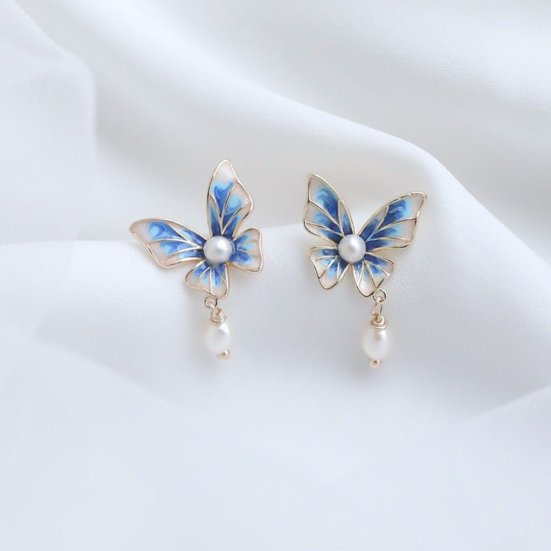 Blue Gradient Butterfly Natural Pearl Earrings-Jewearrings