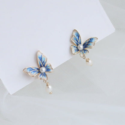 Blue Gradient Butterfly Natural Pearl Earrings-Jewearrings