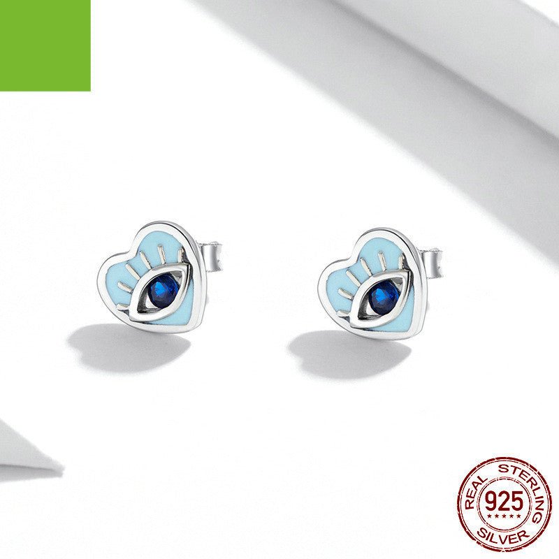 Blue Love Eyes S925 Silver Heart Earrings-Jewearrings