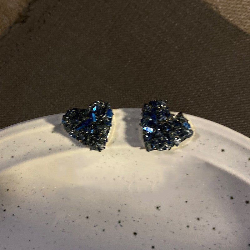 Blue Love Heart Broken Diamond Crystal Flower Earrings-Jewearrings