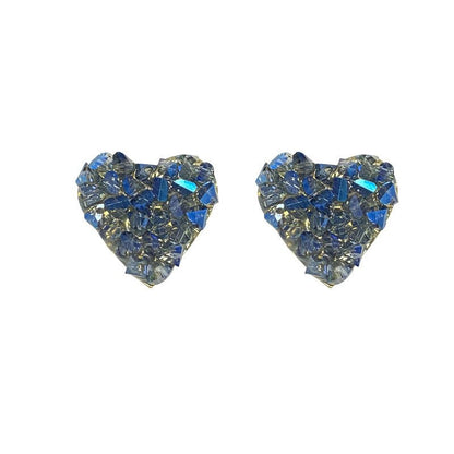 Blue Love Heart Broken Diamond Crystal Flower Earrings-Jewearrings