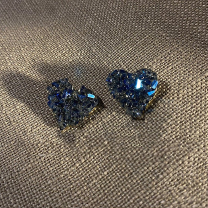 Blue Love Heart Broken Diamond Crystal Flower Earrings-Jewearrings