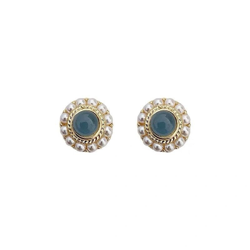 Blue Moon Valley Court French Retro Sapphire Pearl Earrings-Jewearrings