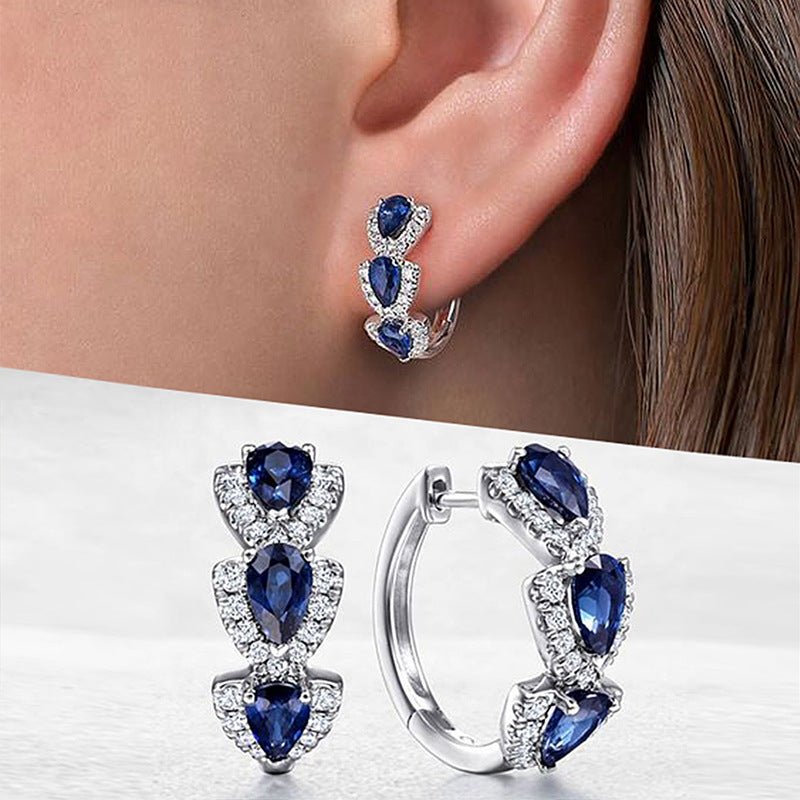 Blue New Style Zircon Earrings Elegant Socialite Accessories Retro Magazine Style Ear Clip-Jewearrings