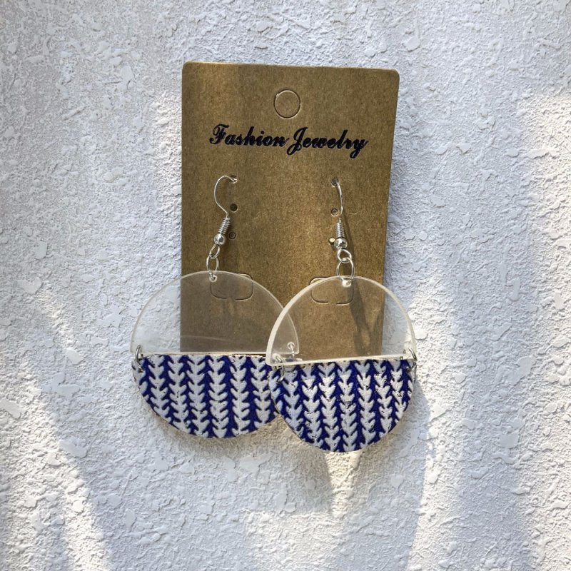 Blue Plaid Geometric Half Circle Panel Women's Earrings-Jewearrings