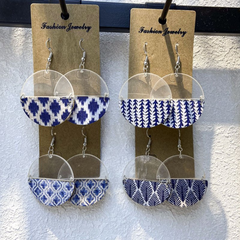 Blue Plaid Geometric Half Circle Panel Women's Earrings-Jewearrings