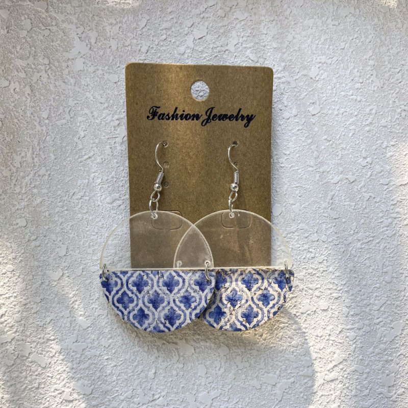 Blue Plaid Geometric Half Circle Panel Women's Earrings-Jewearrings