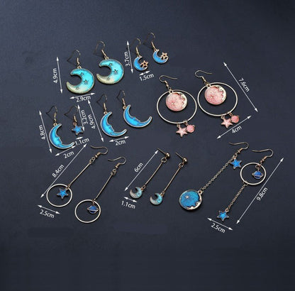 Blue planet moon stars starry sky earrings-Jewearrings