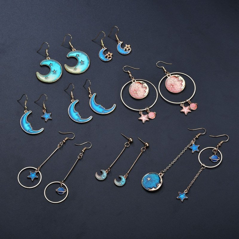 Blue planet moon stars starry sky earrings-Jewearrings