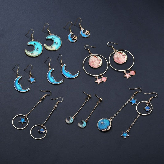 Blue planet moon stars starry sky earrings-Jewearrings