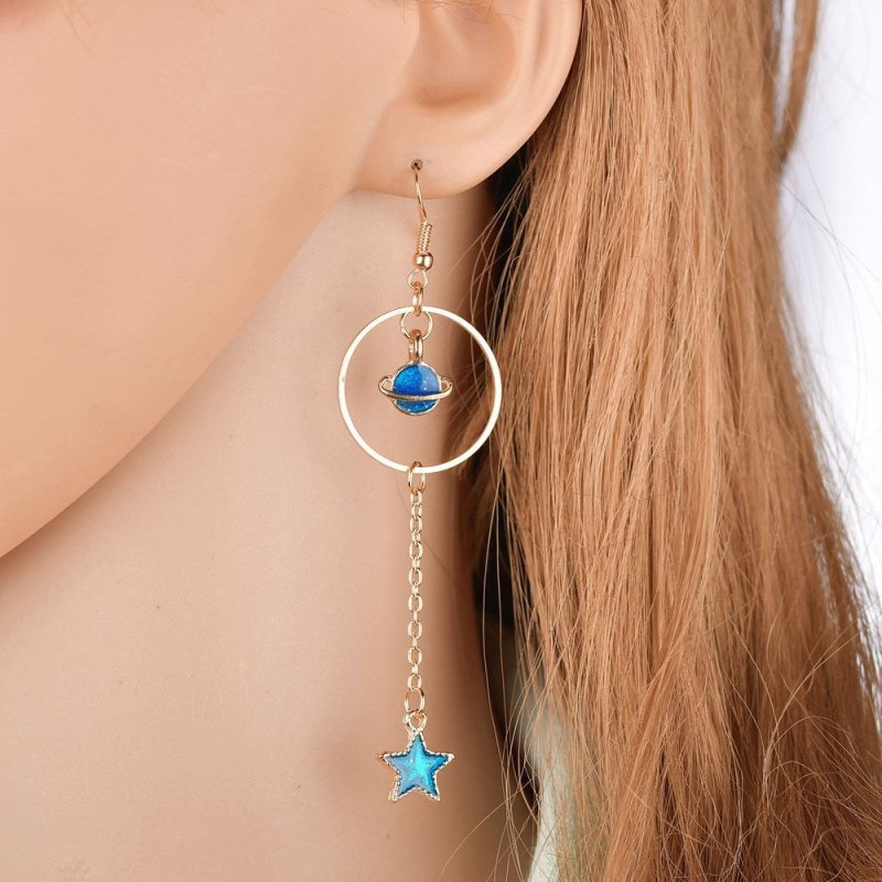 Blue planet moon stars starry sky earrings-Jewearrings