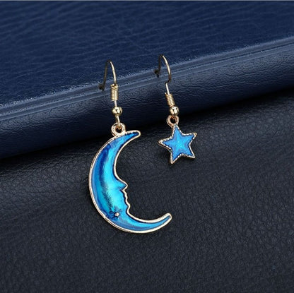 Blue planet moon stars starry sky earrings-Jewearrings