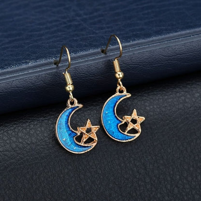 Blue planet moon stars starry sky earrings-Jewearrings