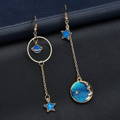 Blue planet moon stars starry sky earrings-Jewearrings