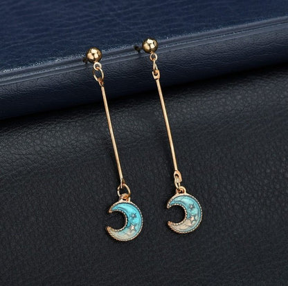 Blue planet moon stars starry sky earrings-Jewearrings