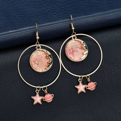 Blue planet moon stars starry sky earrings-Jewearrings