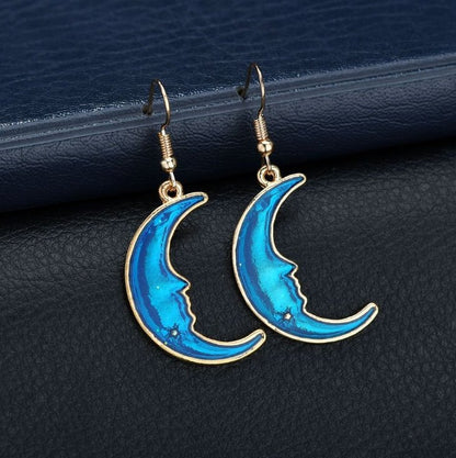 Blue planet moon stars starry sky earrings-Jewearrings