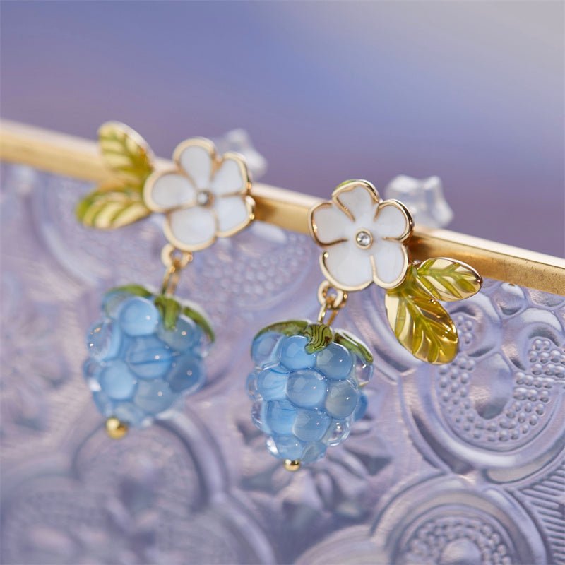 Blue Raspberry Cute Glass Raspberry Fruit Earrings-Jewearrings