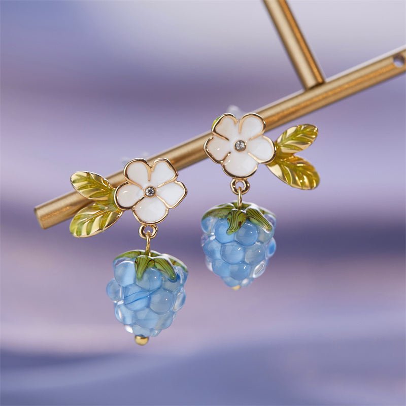 Blue Raspberry Cute Glass Raspberry Fruit Earrings-Jewearrings